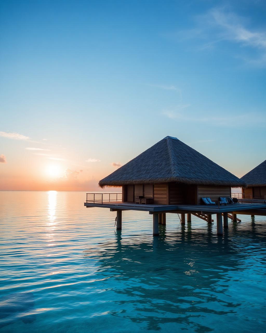 Overwater villa above a turquoise Maldivian lagoon at sunrise